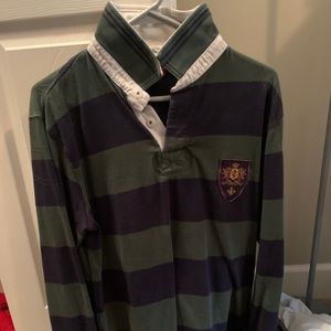 Green and blue striped collared shirt
